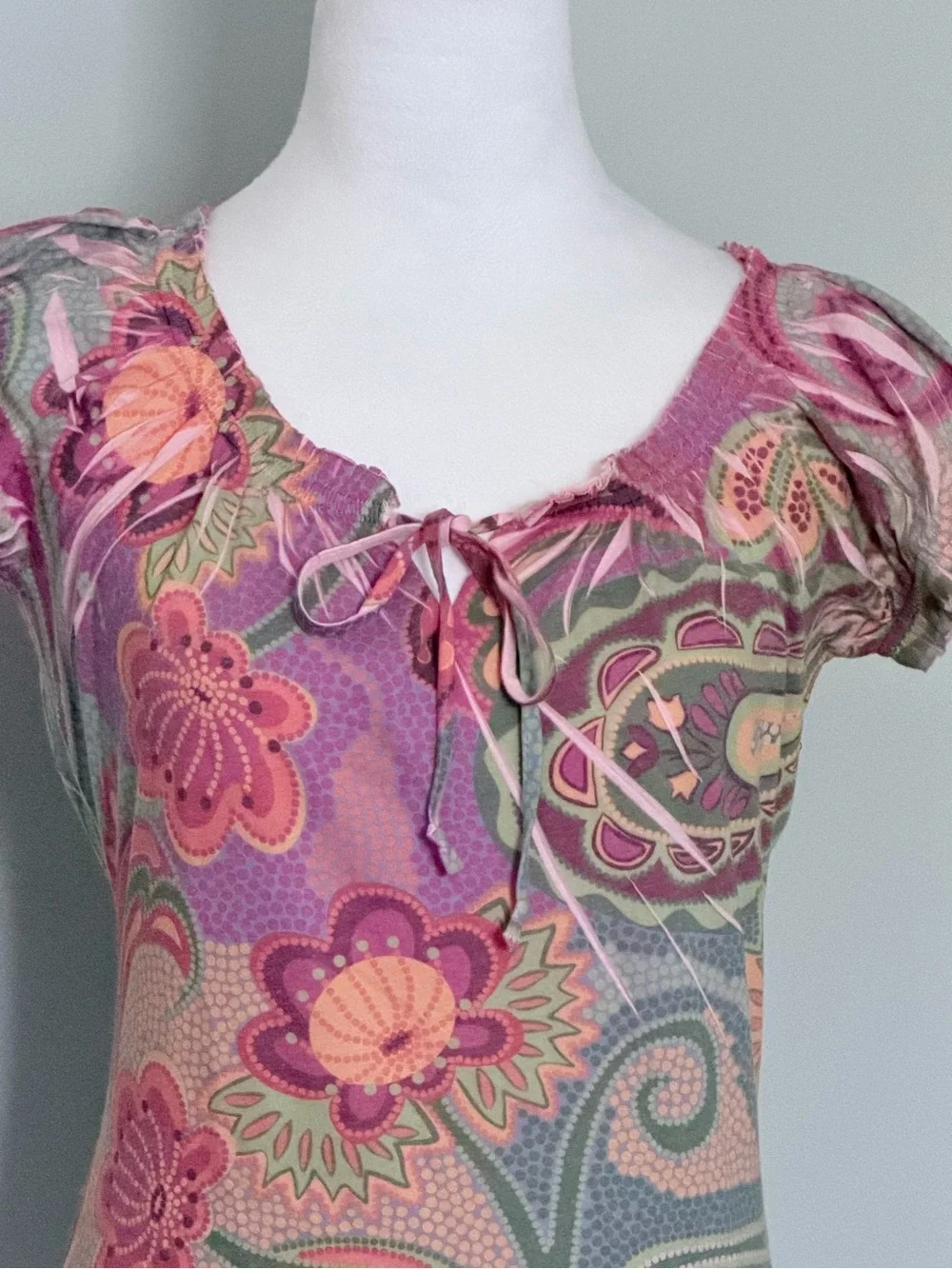 Vintage Y2K Yukiko Paisley Floral Tie Neck Boho Stretch Top Medium